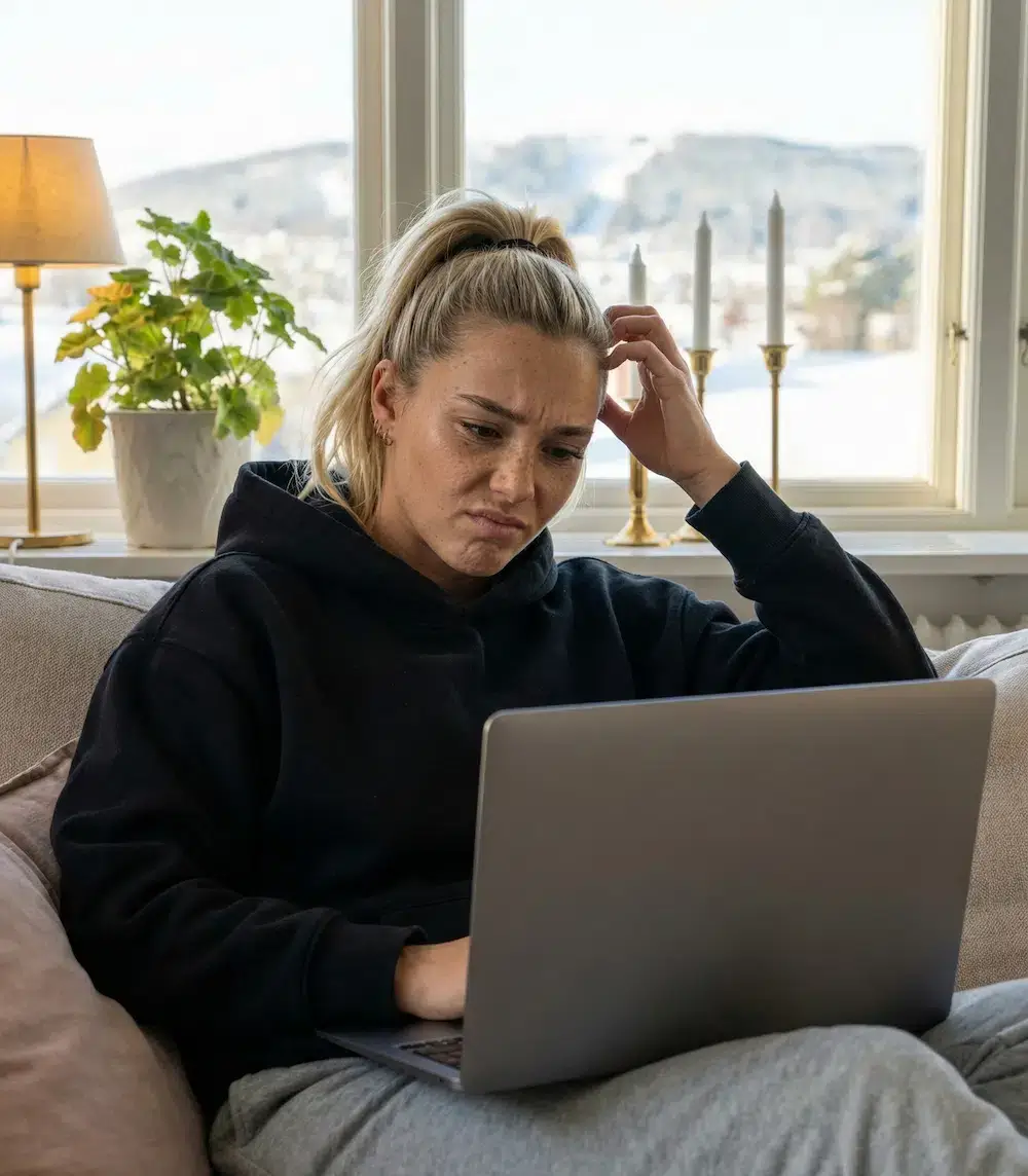 Frustrerad kvinna framför en krånglande laptop. Slipp teknikstrulet och boka hembesök i Östersund för datorsupport och nätverk.