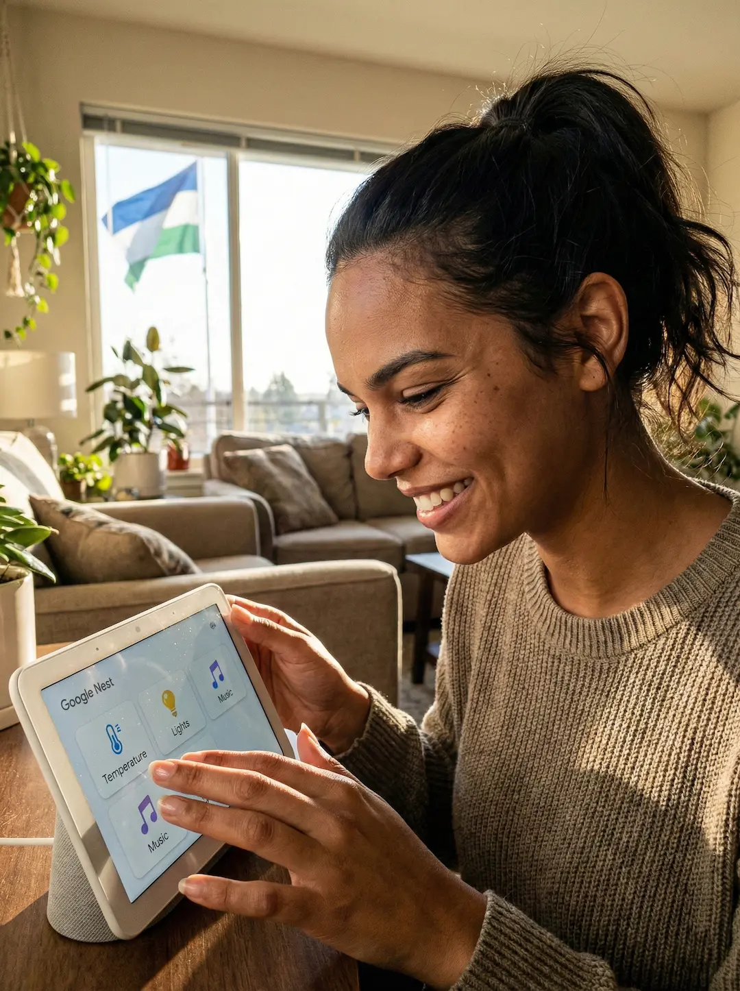 Glad kvinna som enkelt styr sitt smarta hem via en samlad display. PG HemTeknik hjälper dig med installation i Östersund.